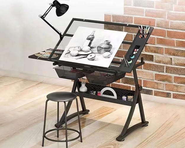 Landpink Glass Drafting Table Art Desk – Adjustable Professhional Artwork Drawing Drafting Table Desk, Glass-Topped Art Table for Craft Station Studio Home Office School w/Drawers (Black) - Image 1