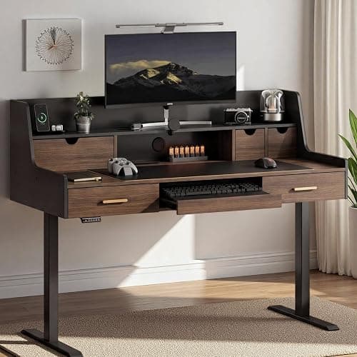 ModernMate 55" Electric Standing Desk with 5 Drawers and Monitor Riser | Height Adjustable Desk with Storage, Ergonomic Sit Stand Desk with AC/USB Outlets, Home Office Stand Up Desk, Black Walnut - Image 1