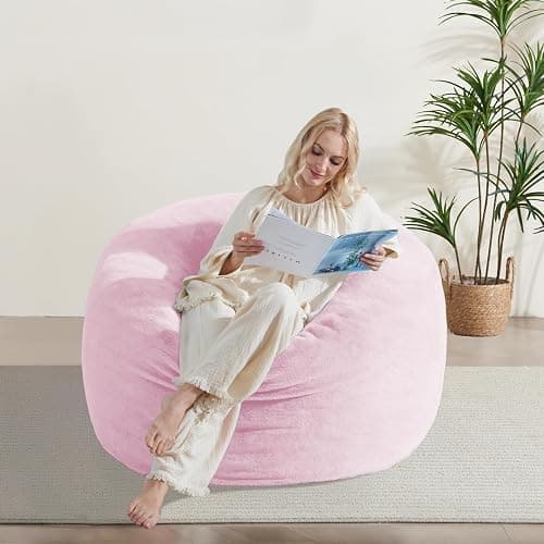 WSOFRLAC 3FT Bean Bag Chair, Comfy Bean Bag Chairs for Adults, Luxury Velvet Memory Foam Stuffed Beans Bags with Removable Cover, Adult Beanbag Chair with Filler for Living Room, Bedroom, Pink - Image 1