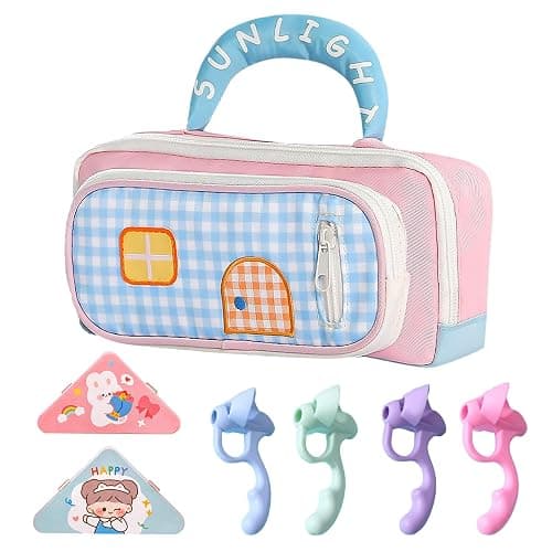 FOSDICK Cute Pencil Case for Girls, Kawaii Pencil Cases, Pink Pencilcase with compartments, Pencil Pouch with Handle, for Girls Student Teenage School Office, with 4 Pencil Grips and 2 PP Clips - Image 1