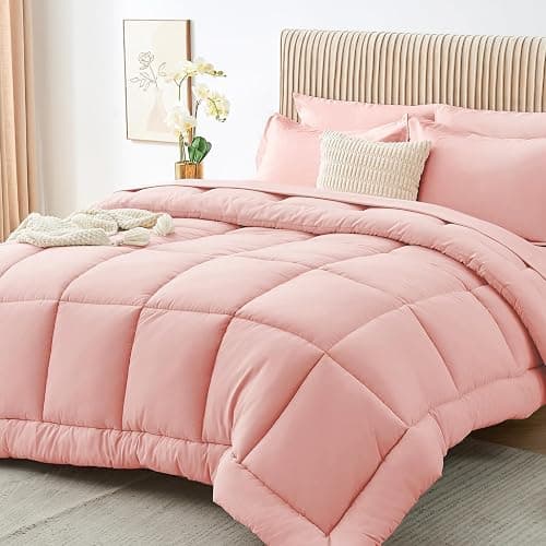 Sasttie Twin XL Comforter Set, 5 Pieces Twin XL Bed in a Bag, Complete Bedding Set Includes Comforter, Flat Sheet, Fitted Sheet, Pillowcase and Pillow Sham, Pink - Image 1