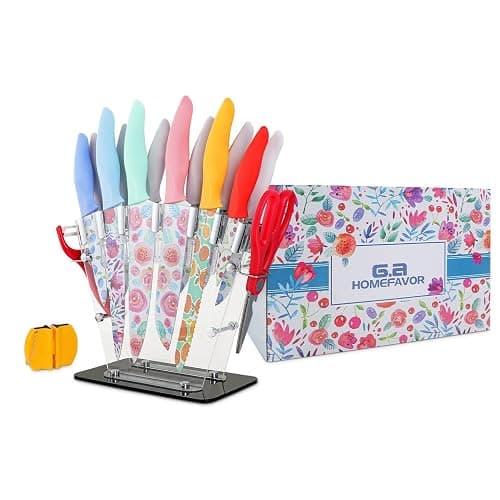 G.a HOMEFAVOR Knife Set for Kitchen, 16Pcs Stainless Steel Print Nonstick Coated Blade Kitchen Knives with Acrylic Stand, Multicolored - Image 1