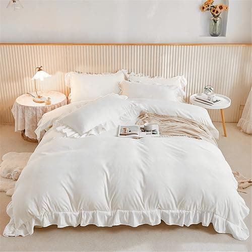 3 Pieces White Ruffle Bedding Set with 2 Pillowcase Frills Duvet Cover with Zipper Closure Soft Microfiber Duvet Cover Set King 220x230 cm - Image 1