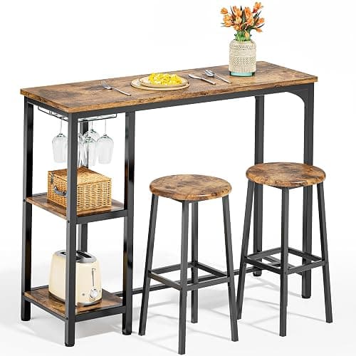 Qsun 3-Piece Bar Table Set for 2, Table with Stools & 2 Storage Shelves, Small Bar Table Set with Glass Rack, Small Kitchen Table for Dining Room, Living Room, Rustic Brown - Image 1