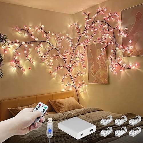 7.55FT 144LED Pink Cherry Blossom Tree Branch Lights for Wall Battery Box | Cherry Enchanted Willow Vine Lights with Remote Timer, 8 Light Model for Bedroom Wall Doors Wedding, Christmas - Image 1