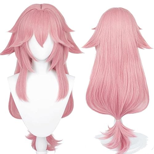 Half and Half Yae Miko Cosplay Wig Long Pink Anime Wig with Bangs 33'' Pink Spiky Layered Synthetic Hair for Women Halloween Party - Image 1