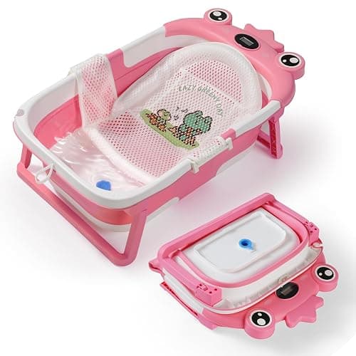 Baby Bathtub,Collapsible Baby Bath Tub with Soft Cushion & Thermometer, Space Saving Foldable & Travel Newborn Bathtub for Infant to Toddler 0-36 Months, Frog Pink - Image 1