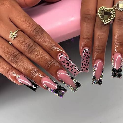 Long Press on Nails Square French Tip Fake Nails with Black 3D Bow Rhinestone Design Glue on Nails Leopard Print False Nails Glossy Acrylic Full Cover Stick on Nails Artificial Nails for Women 24 Pcs - Image 1