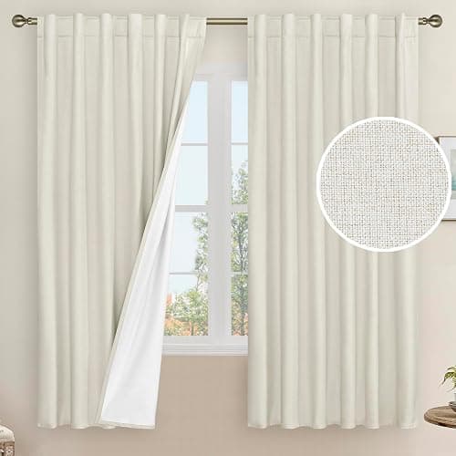 LAMIT 100% Blackout Natural Linen Curtains, 63 Inches Linen Textured Thermal Bedroom Curtains Back Tab and Rod Pocket Neutral Panels with White Liner for Farmhouse, 2 Panels, 52 x 63 Inch, Ivory - 52"W x 63"L (Pack of 2) - Ivory - Image 1