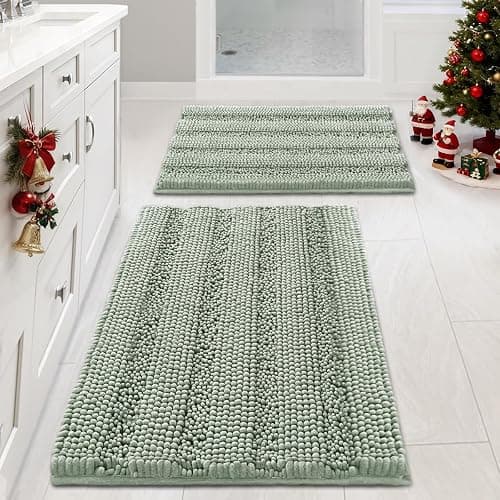 H.VERSAILTEX Sage Bathroom Rugs, Bath Mat Set of 2 Extra Thick Chenille Striped Pattern Shaggy Bath Rugs for Bath Room, Non Skid Bath Mats for Bathroom Floor (32 x 20 Plus 24 x 17 - Inches) - Image 1