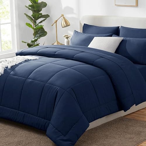 CozyLux Full Size Comforter Sets Navy Blue, 7 Pieces Bed in a Bag, Navy Comforter Full Size, All Season Bedding Sets with Stitch Quilted Comforter, Flat Sheet, Fitted Sheet, Pillowcases - Image 1
