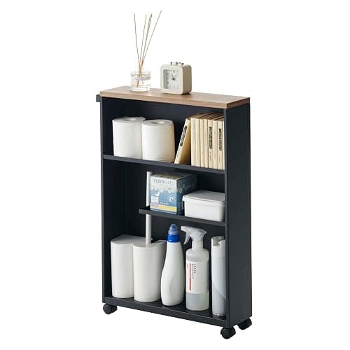 YAMAZAKI Home Slim Rolling Storage Cart – Narrow Bathroom Storage Cabinet with Handle, Slim Bathroom Storage Cart with Wheels, Easy Assembly, Steel + Wood, Black - Image 1