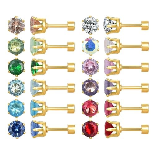 12 Pairs 18K Gold Plated Surgical Stainless Steel Stud Earrings, Flat Back Screw Back Cubic Zirconia Stud Earrings for Women, Silver CZ Brithstone Stud Earrings Set - Image 1