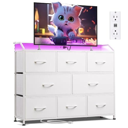 WLIVE Led Dresser for Bedroom, White Dresser TV Stand for Bedroom with LED Lights and Power Outlet, Wide Chest of Drawers for Hallway, 8 Fabric Drawers for Living Room and Entryway, Easy to Assemble - Image 1