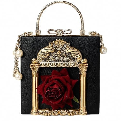 QZUnique Women Love Angel Floral Evening Bag Rose Embossed Formal Purse Clutch Black Gold Crossbody Pearl Chain Shoulder Bag - Image 1