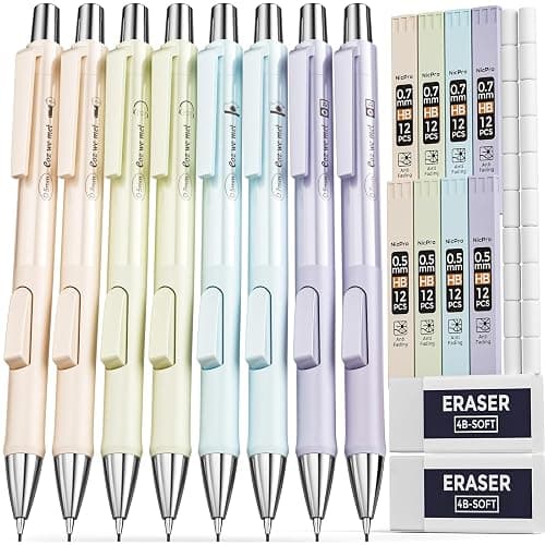 Nicpro 8PCS Pastel Mechanical Pencil 0.5 & 0.7 mm, Cute Fast Click Mechanical Pencils Set with 8 Tubes HB Lead Refills, Erasers for Drafting, School Student Writing, Drawing, Sketching -with Case - Image 1