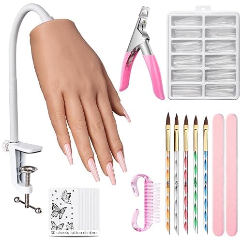 Practice Hand for Acrylic Nails: Realistic Silicone Nail Hand Practice with Tattoo Stickers - Flexible Fake Hand Mannequin Nail Hand Kit for Beginners - Image 1