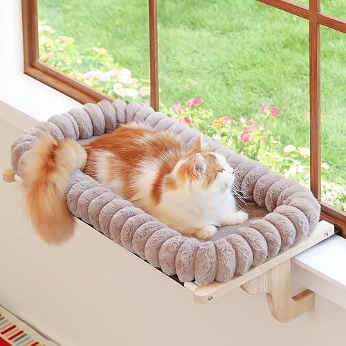 Zakkart SnugCloud Cat Perch for Windowsill (Natural Wood/Brown, L) | Hook-On Windowsill Mount, All-Around Bolster, Machine Washable Bed, Solid Hardwood & Metal Frame, Support up to 40 lbs - Image 1