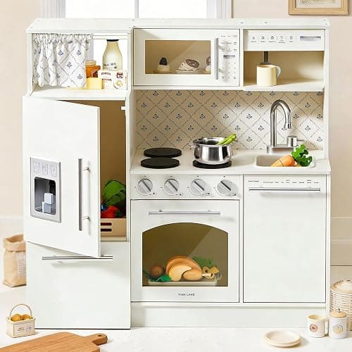 Tiny Land Play Kitchen for Kids, Upgraded Wooden Kitchen Toy with Complete Play Areas, Pretend Cooking Set with Sink, Stove, Microwave, Toy Coffee Station & Storage for Kids Ages 3+ - Image 1