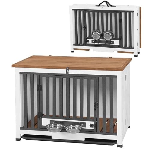 Folding Dog Crate Furniture, Wooden Dog Crate End Table with 360°Rotatable Removable Dog Bowls &Tray, Modern Kennel for Dogs Indoor for Small, Medium Dogs- Portable - Image 1