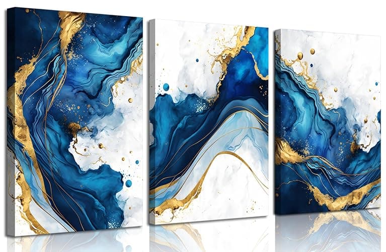 3Pcs Blue Gold Abstract Canvas Wall Art Modern White Blue Gold Foil Wall Decor Pictures Navy Blue and Gold Luxury Marble Posters Prints for Living Room Bedroom Home Decoration 12x16in - Image 1