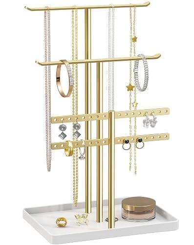 Jewelry Holder Organizer, 12.5'' Tall Sturdy Metal Stand, 3-Tier Jewelry Hanger for Necklace, Earring, Bracelet, Ring, for Display and Storage, Aesthetic Room Decor, Gold Jewlery Tree with White Tray - Image 1