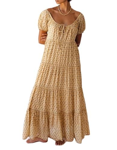 Woman Floral Puff Sleeve Maxi Dress Square Neck Ruffle Flowy Long Dresses Bohemian Tiered Summer Sundress - Image 1