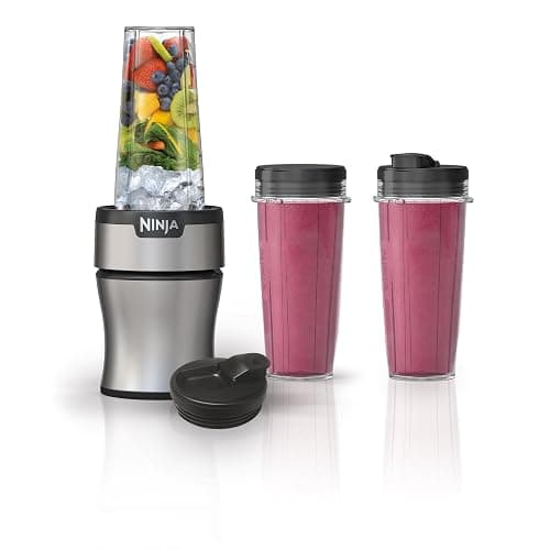 Ninja Nutri-Plus Personal Blender, 900PW, (3) 20oz Cups, Silver, BN301 | 900-peak-watt push-to-blend motor for smoothies & sauces. (3) 20-oz cups, 2 spout lids & storage lid. Dishwasher safe. - Image 1
