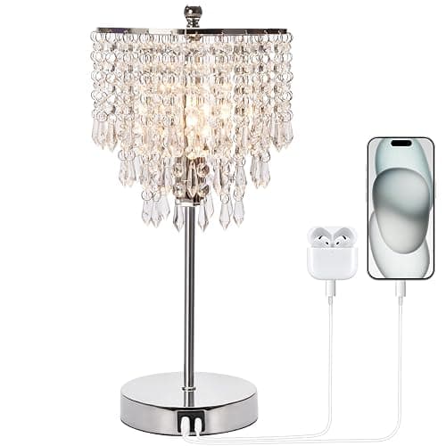 Touch Control Crystal Table Lamp with USB C+A Charging Ports, 3-Way Dimmable Bedside Touch Lamp Decorative Nightstand Lamp with Elegant Lampshade for Living Room Bedroom, B11 LED Bulb Included - Image 1