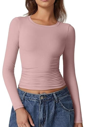 QINSEN Womens Crewneck Long Sleeve Shirt Double Lined Basic Tees Side Ruched Going Out Crop Tops - Image 1