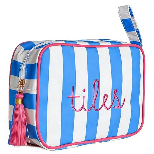 Mahjong Tile Bag with Handle - Stylish Blue & White Striped Case for 166 American Tiles (1.2"), Embroidered Design with Plush Interior & Tassel Zipper, Travel Organizer (Bag Only, Tiles Not Included) - Image 1