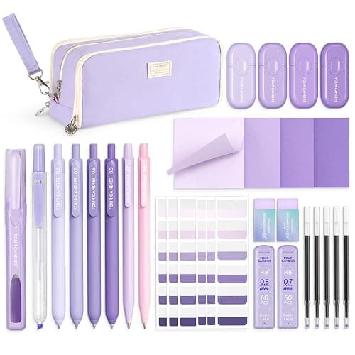 Four Candies Aesthetic School Supplies, Gel Pens with Black Ink, Correction Tapes, Pastel Highlighters,Mechanical Pencils, Sticky Notes, Index Post for Bible Study Supplies with Case Stationary Purple - Image 1