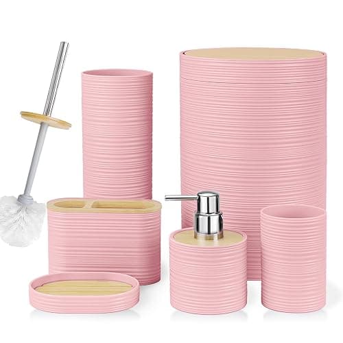 CERBIOR Bathroom Accessories Set 6 Piece Bamboo Bath Ensemble Includes Soap Dispenser, Toothbrush Holder, Toothbrush Cup, Soap Dish for Decorative Countertop and Housewarming Gift, Sriral Pink - Image 1