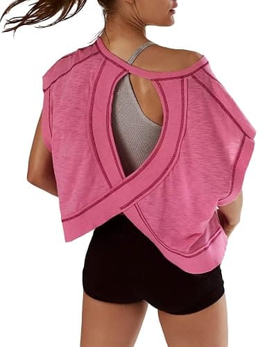 Kumufenc Women Short Sleeve Workout Shirts Open Back Tops Casual Yoga Y2k Athletic Gym Slouchy Crop Running Tees - Image 1