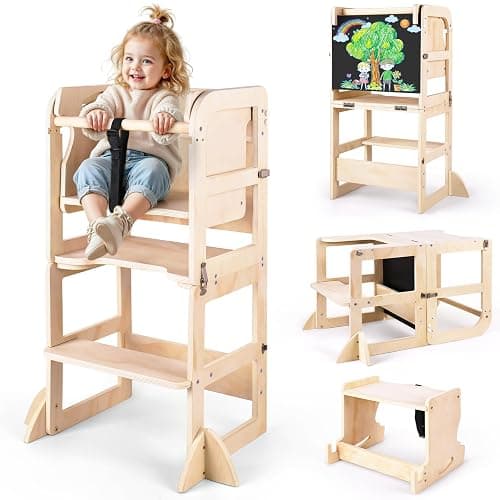 Woodure 6 in-1 Toddler Kitchen Step Stool with Wooden Stool, Foldable Learning Standing Tower with Blackboard & Feeding Tray, Wooden Kitchen Stool Helper for Kids, 1-3 Year Old Boy Girl Gifts - 6 In-1 Tower - Image 1