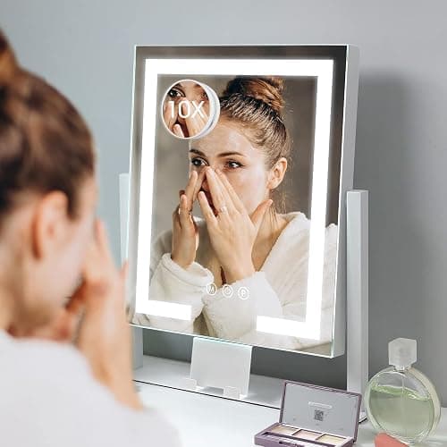 KOTTOVA Makeup Mirror with Lights - Modern Vanity Mirror, 14x12 Lighted-up Mirror with 3 Color Dimmable Lighting & Mount, Touch Sensor, with Detachable 10X Spot Mirror, Sleek Metal Frame – White - Image 1