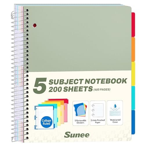 SUNEE 5 Subject Notebook College Ruled - 200 sheets (400 Pages), 9"x11", 5 Pocket Colored Dividers, 3-Hole Punched Paper, Sage Green - Image 1