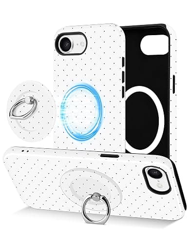 Jusy Compatible with Magsafe Polka Dot Phone Case for iPhone 16e, Cute Aesthetic Magnetic Ring Holder Stand Case, Soft TPU and Hard PC Protective Phone Cover for Women Girls - White Polka Dot - Image 1