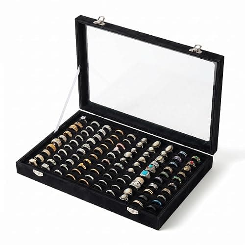 Frebeauty Ring Organizer Tray 100 Slots Ring Holder with Clear Lid Velvet Storage Box Jewelry Tray for Jewelry Store Earring Display Case for Jewelry Show Studs Box for Women(Black) - Image 1