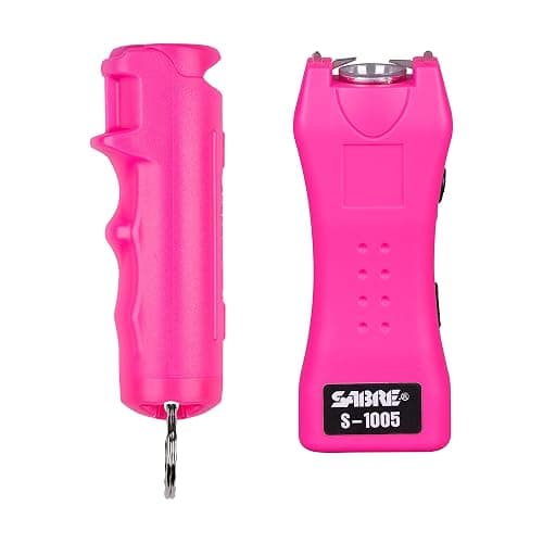 SABRE Pepper Spray & 2-in-1 Stun Gun with Flashlight, Self Defense Kit, Fast Flip Top Safety, Finger Grip for Better & Faster Aim, Painful 1.60 µC Charge, 120 Lumen LED Light, Rechargeable, 0.54 fl oz - Pink - Image 1