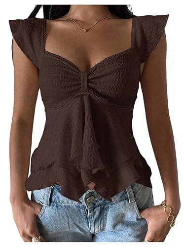 RoseSeek Women's Flowy Going Out Tank Top Sweetheart Neck Cap Sleeve Summer Ruffle Elegant Crop Tops - Image 1