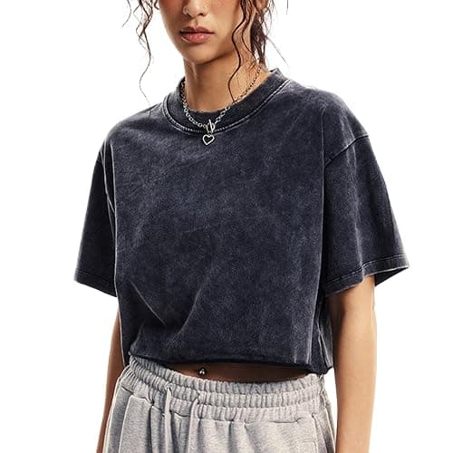 Talakeno Womens Oversized Vintage T Shirts Casual Cropped Tees Short Sleeve Cotton Acid Wash Tops Summer Grunge Shirts - Image 1