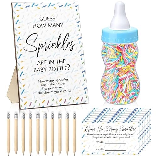 Qilery 122 Pcs Baby Shower Games Guess How Many Sprinkles Included Standing Sign 100 Guessing Cards 20 Pencils 1 Baby Bottle for Gender Reveal Party Favor No Sprinkles(Blue) - Image 1