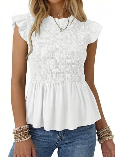SHEWIN Womens Blouses Peplum Babydoll Summer Tops Ruffle Sleeve Dressy Casual Elegant Ladies Solid Shirts Spring Clothes - Image 1