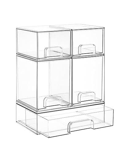 Vtopmart Stackable Storage Drawers Set of 5, Clear Plastic Organizer Bins for Baby Bottle, Beauty Supplies Storage, Ideal for Kichen Countertop, Vanity, Bathroom, Cabinet, Pantry Organization - Image 1