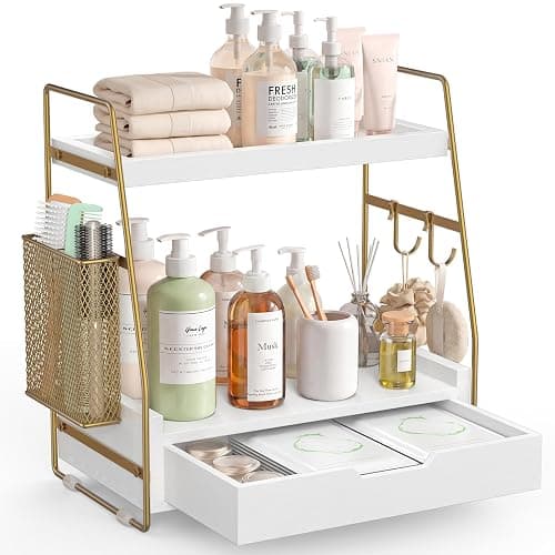2-Tier Bathroom Counter Organizer with Drawer, Wood Counter Storage Shelf | Bathroom Vanity Organizer Countertop for Makeup, Skincare, Perfume, with Removable Basket, 13.4" x 7.9" x 14.5", White Gold - Image 1