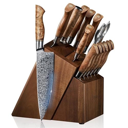 SENKEN 16-Piece Damascus Knife block Set - The Dynasty Collection - Japanese VG10 Damascus Steel with Natural Sycamore Wood Handles, Steak Knives, Scissors, & Sharpening Rod (16-Piece Knife Block Set) - Image 1