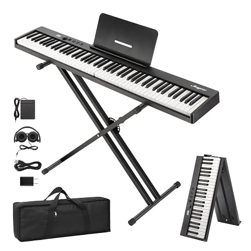 Senfot 88 Key Foldable Full Size Electronic Piano Keyboard with Stand, Power Adapter, Headphones & Carrying Bag, Portable Digital Piano for Beginners & Experienced Players, Black - Image 1
