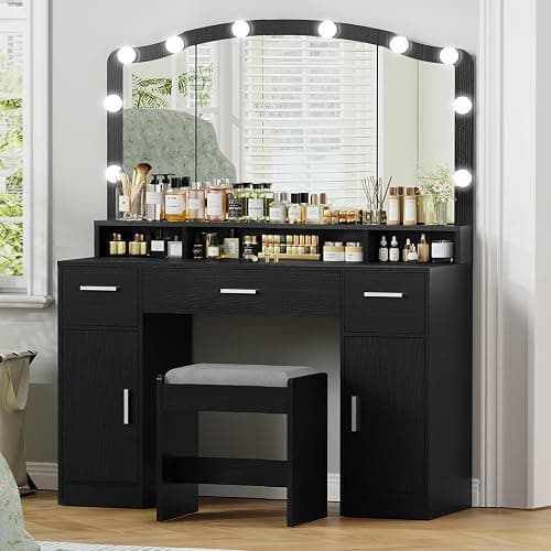 usikey Makeup Vanity with Lights, Vanity Desk, Makeup Vanity Table with 3 Drawers, 2 Cabinets & Long Storage Shelf, 10 Led Lights, Dressing Vanity Table with Stool, for Women, Girls, Bedroom, Black - Black - Image 1