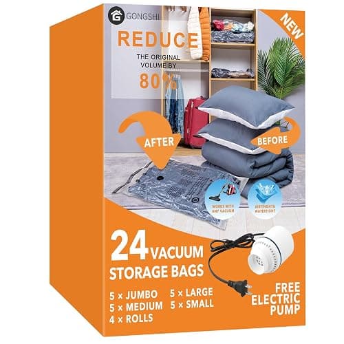 24 Pack Vacuum Storage Bags with Electric Pump, (5 Jumbo, 5 Large, 5 Medium, 5 Small, 4 Roll Up Bags) Space Saver Bag for Clothes, Mattress, Blanket, Duvets, Pillows, Comforters,Travel - Image 1